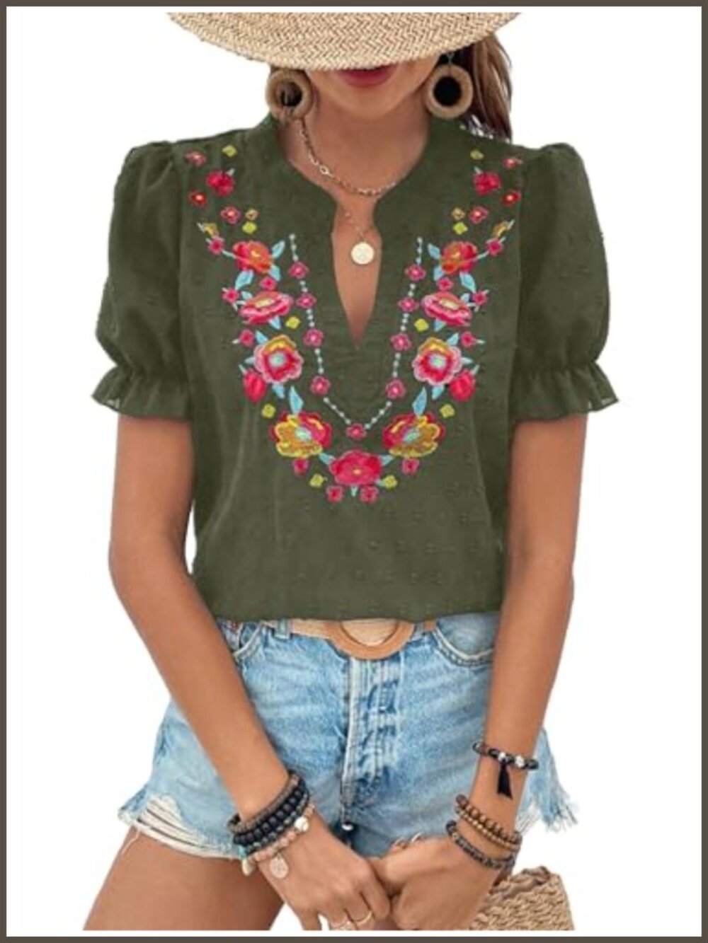 Women's Floral Embroidered V Neck Puff Sleeve Blouse Loose Summer Top